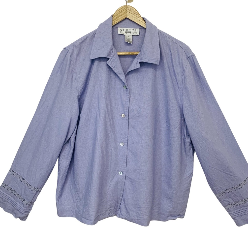 Norton Studio Linen Blend Blouse 1X‎ Purple Lilac Button Up Long Sleeve Travel